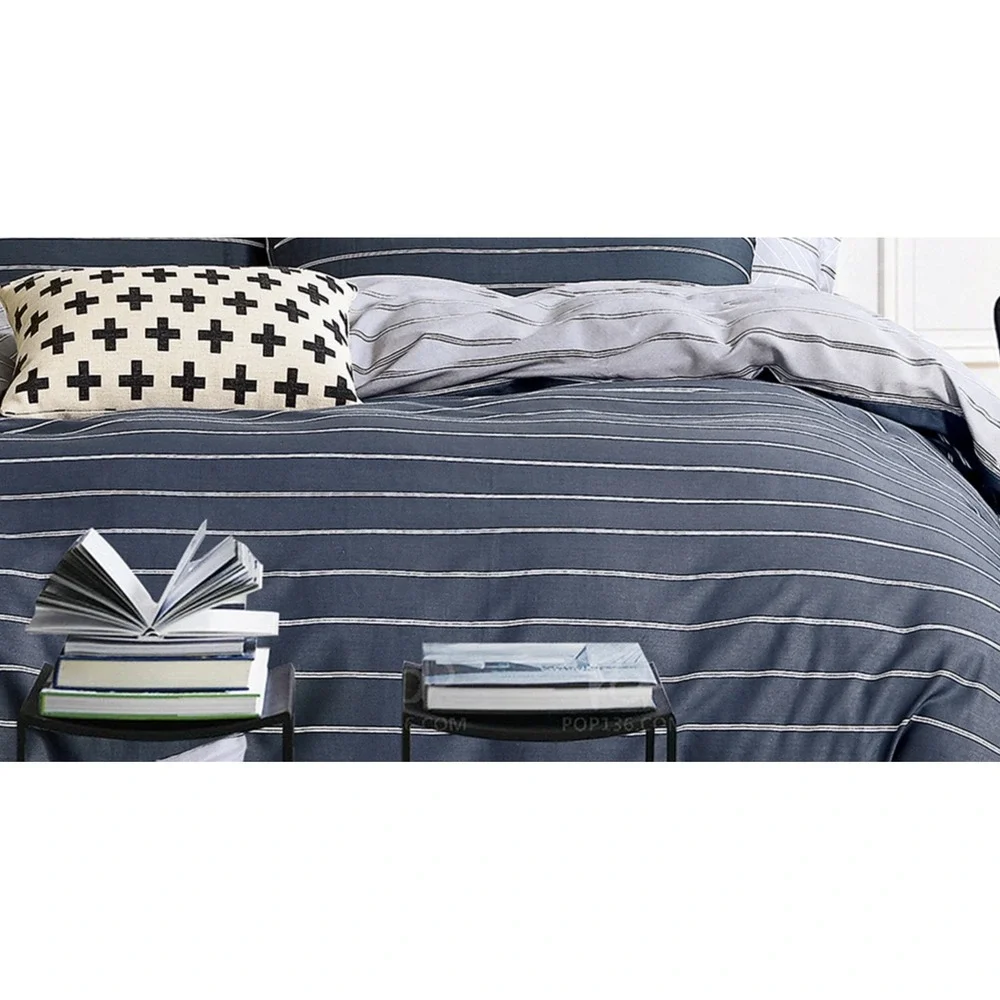 Gauggin Navy Blue Striped 100% Cotton Reversible Comforter Set Queen Minimalist
